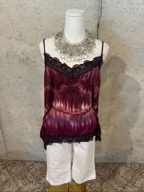 Vintage Y2K Satin Lace Cami Burgundy Slip Top Whimsigoth Coquette Size XL